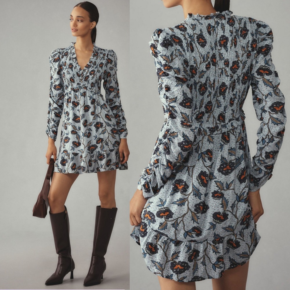 by Anthropologie Floral Smocked Ruffle Mini Dress, Medium Blue boho cottage